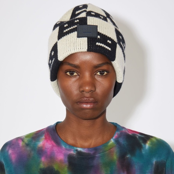 Acne Accessories - ACNE STUDIOS unisex JACQUARD KNIT BEANIE HAT Black/oatmeal melange